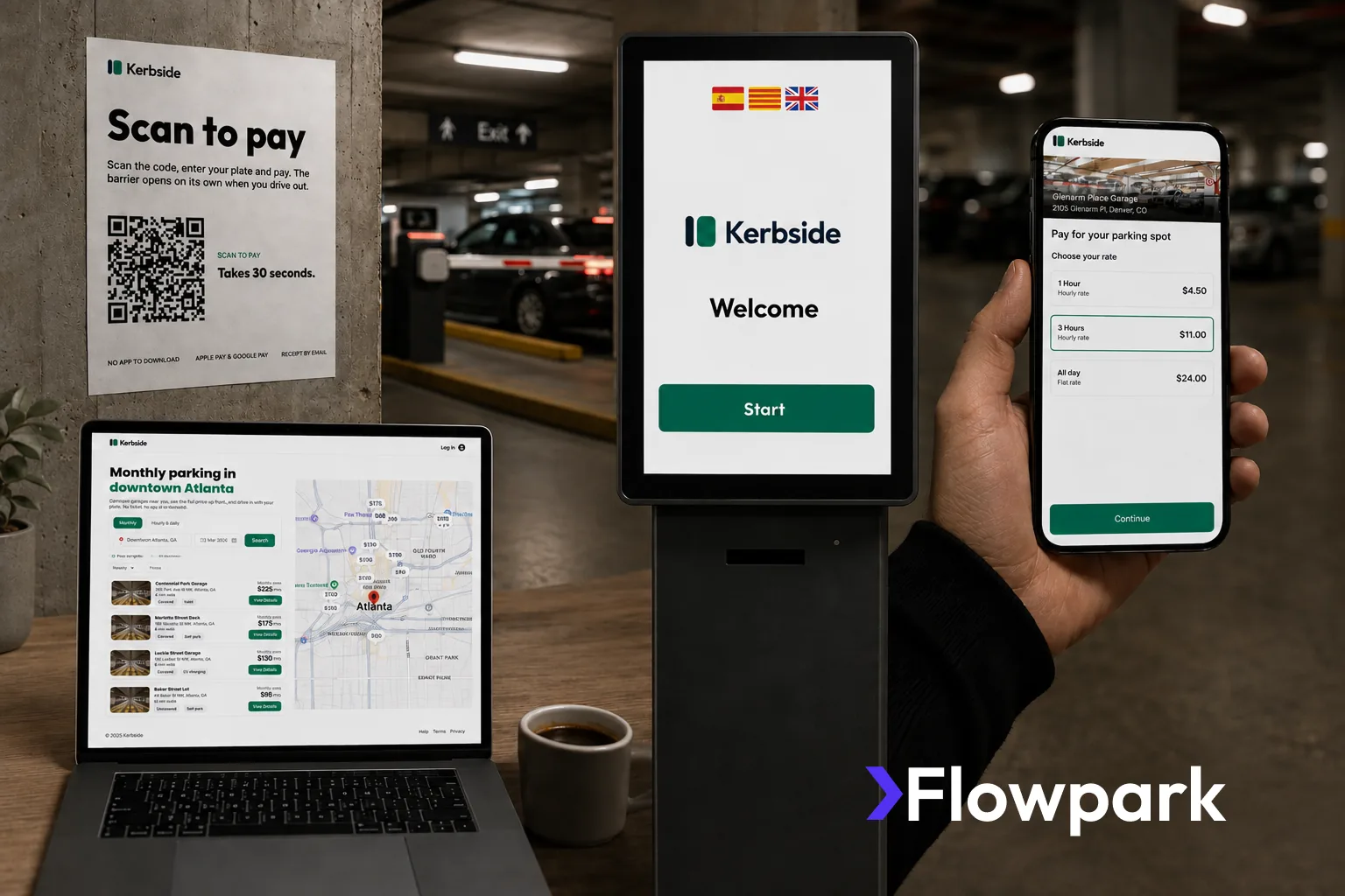 One operator's brand across signage, kiosk, phone checkout and the operator dashboard