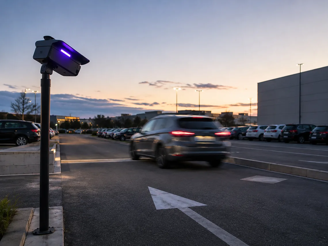 A license plate recognition camera reading a car entering a parking lot