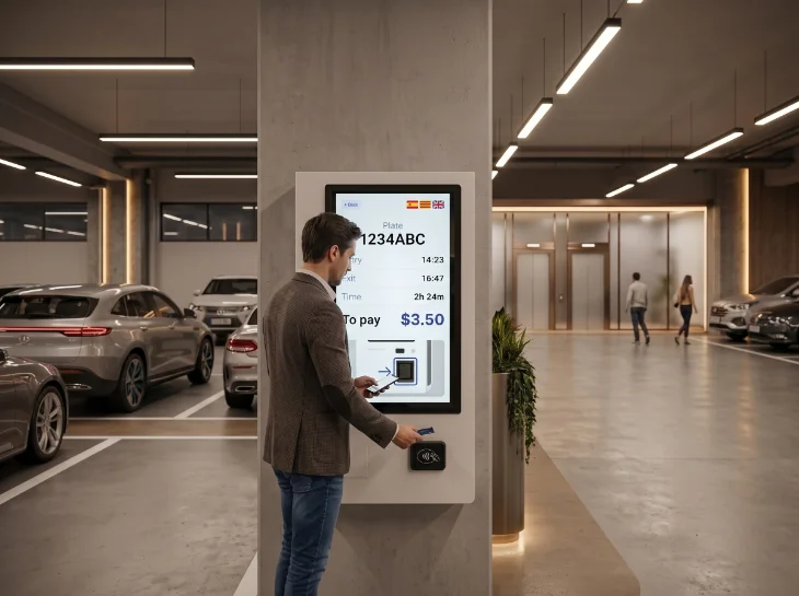 A driver pays at a Flowpark pay-on-foot kiosk in a garage
