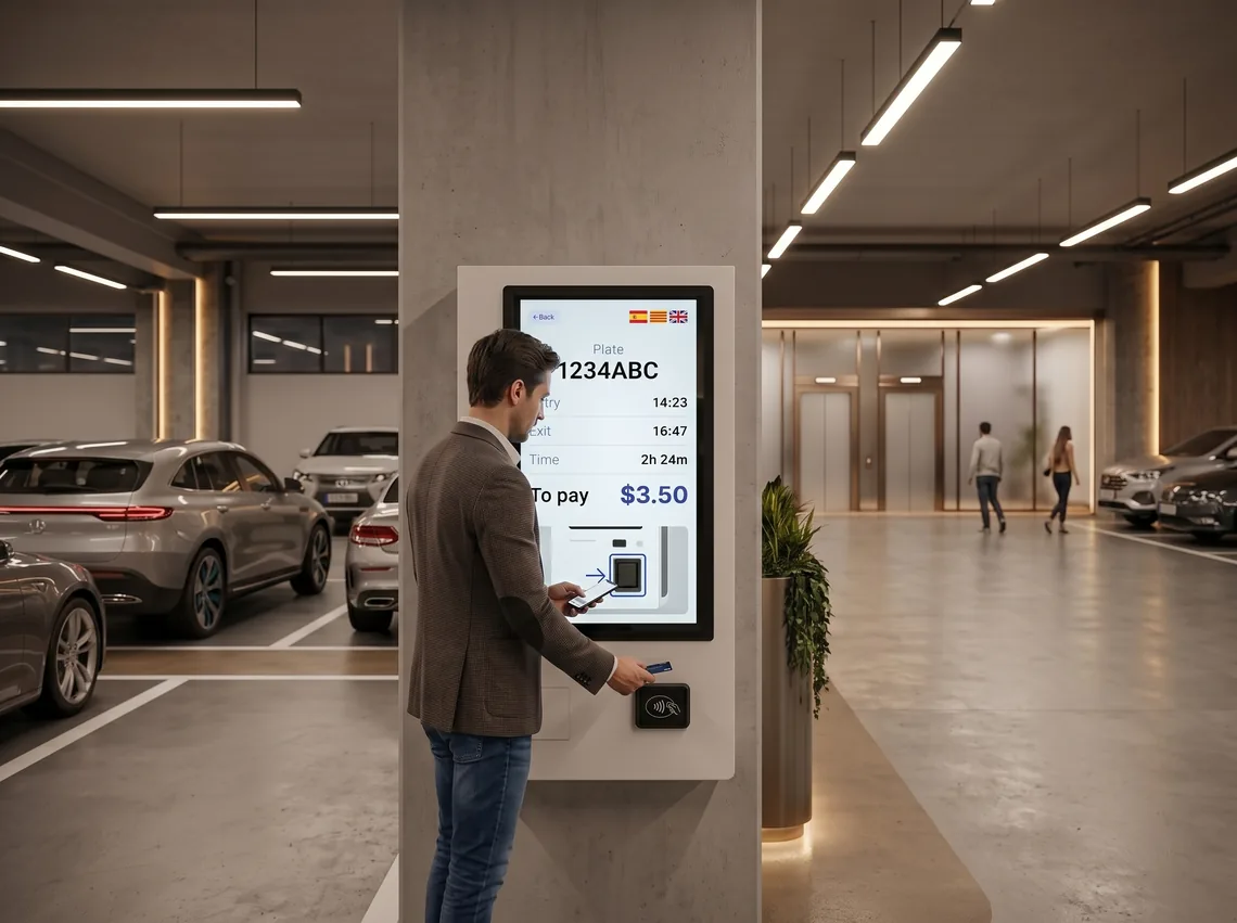 A driver paying at a pay-on-foot kiosk in a covered garage