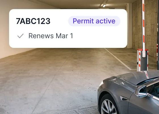 Permit holder plate 7ABC123 active in a garage, renewing Mar 1