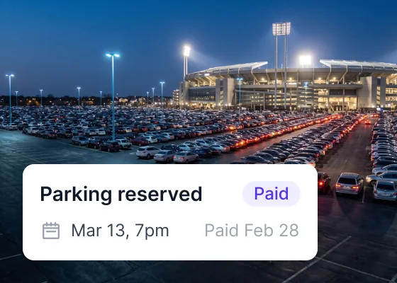 Event-night venue lot, parking reserved and paid in advance