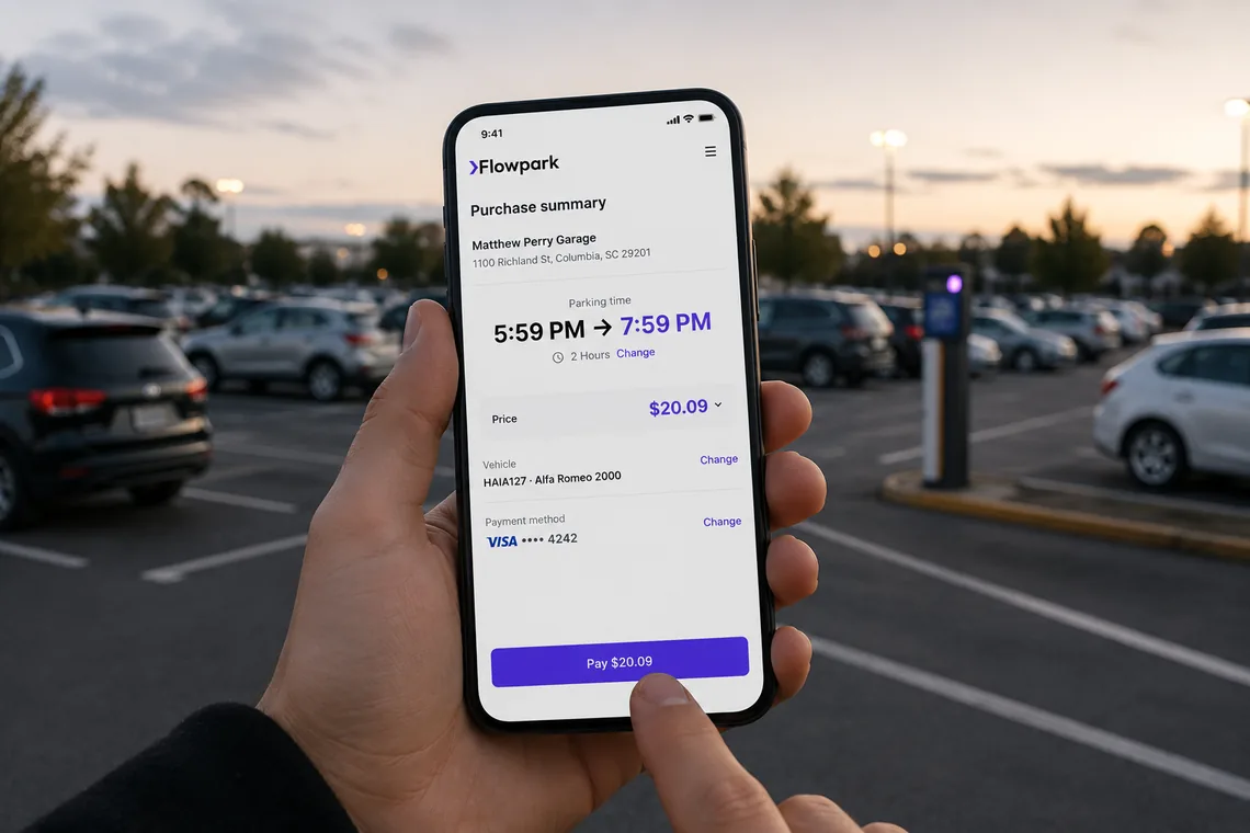 A driver paying for parking on their phone in a lot at dusk